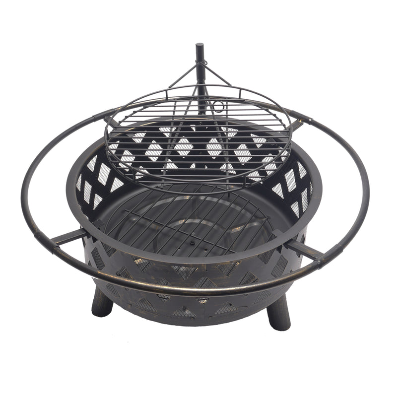 Bluegrass Living 30 Inch. Roadhouse Steel Deep Bowl Fire Pit with Swivel Height Adjustable Cooking Grid, Weather Cover, Spark Screen, Log Grate, Ember Catcher, and Poker, Model