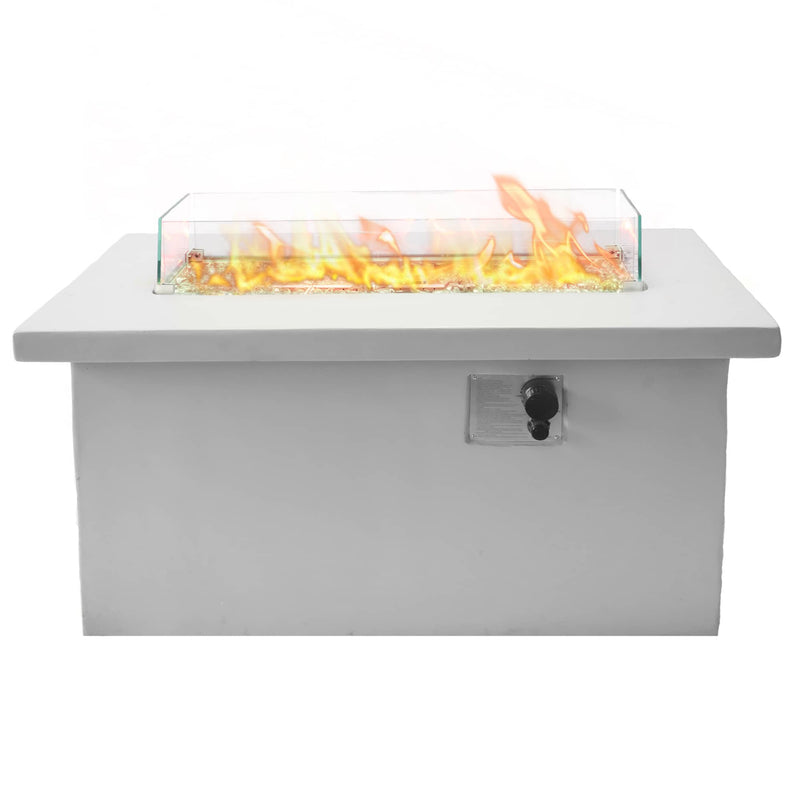 Bluegrass Living 42 Inch x 20 Inch Rectangular MGO Propane Fire Pit Table with Glass Wind Guard, Crystal Glass Beads, Fabric Cover, and Concrete Finish - Model