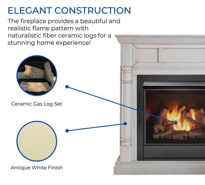 Duluth Forge Full Size Dual Fuel Ventless Gas Fireplace With Mantel - 32,000 BTU, Remote Control, Antique White Finish - Model